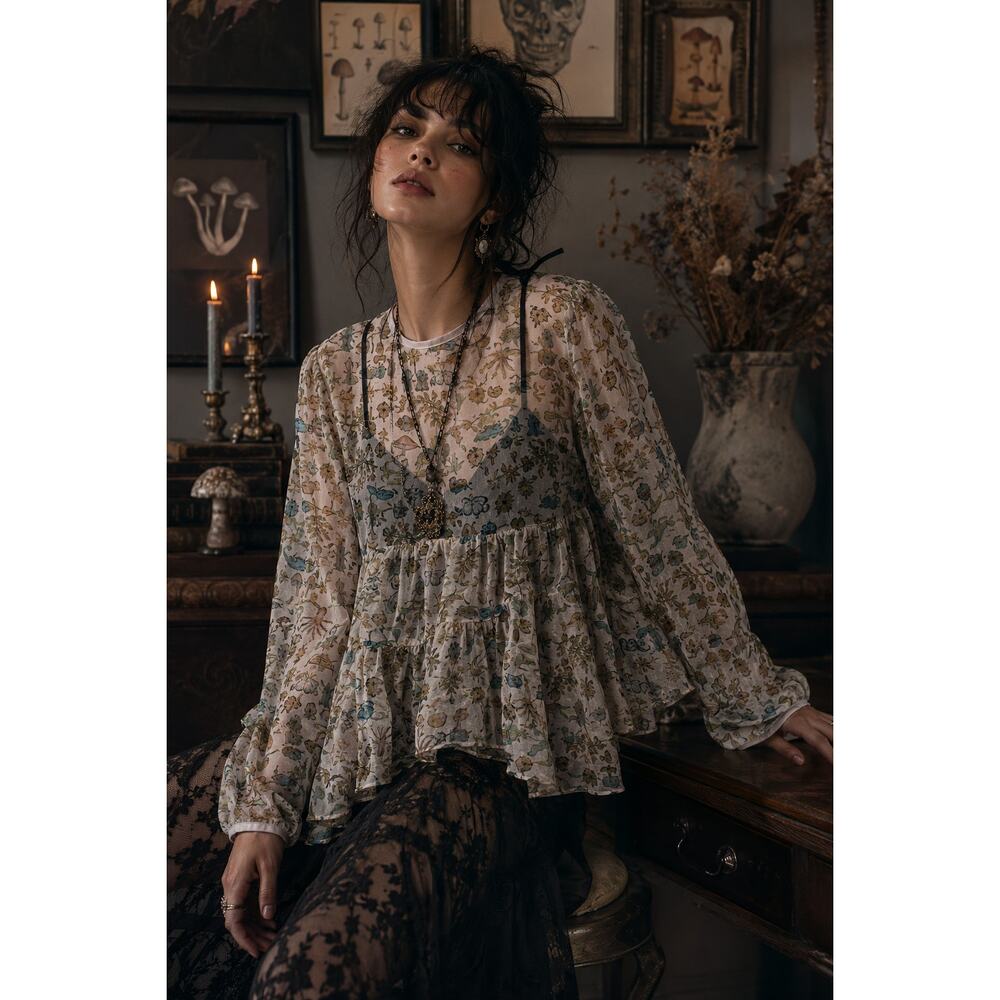 Kimchi Blue Long Sleeve Sheer Whimsical Nature Illustration Babydoll Blouse SML